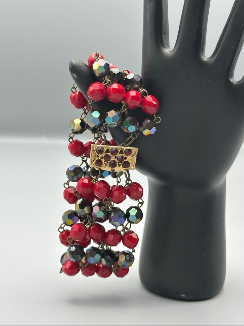 Red glass Bead Cluster Bracelet with Aurora Crystal Accents vintage